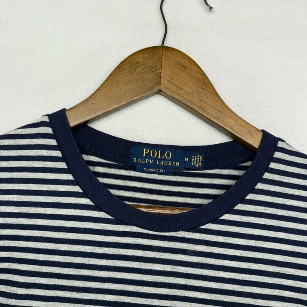 Ralph Lauren Shirt Men's Medium Blue Gray Striped Classic Pony Preppy Blank Crew
